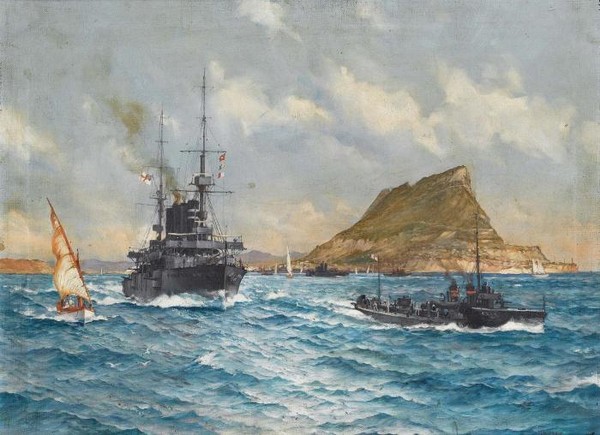 A cruiser and her escort leaving Gibraltar
