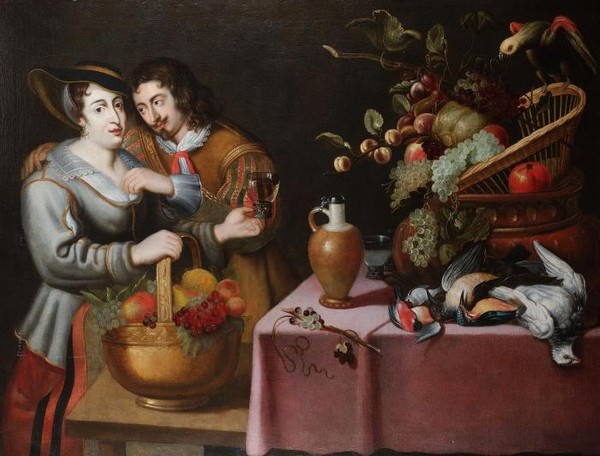 A gentleman courting a maid holding a copper basket of grapes apples and a pear and a