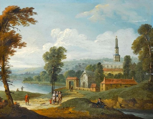 A river landscape with figures on a country path before the gates of a town