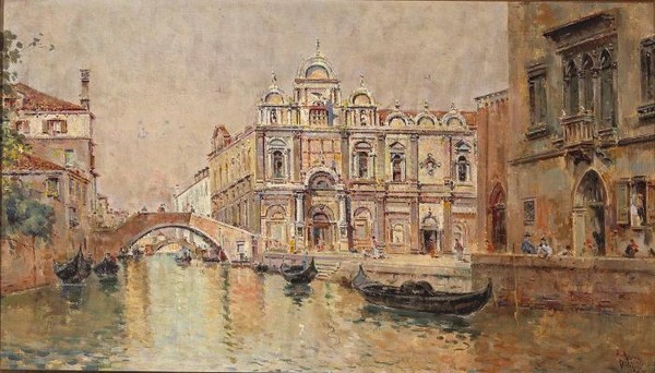 A Venetian canal scene with gondolas in the foreground