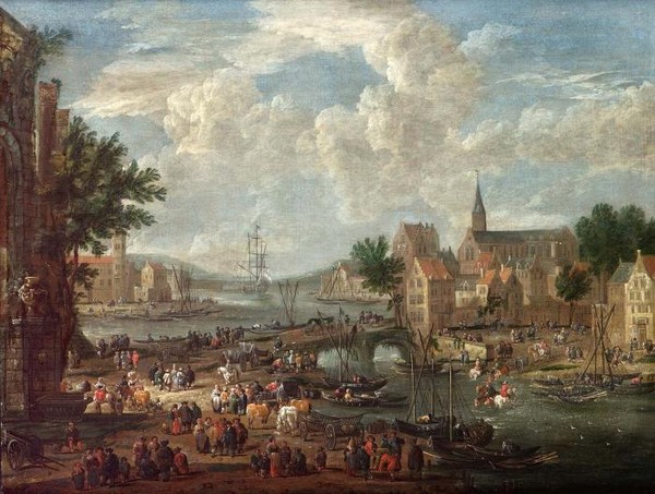 A village on a river with numerous figures on the bank a church beyond