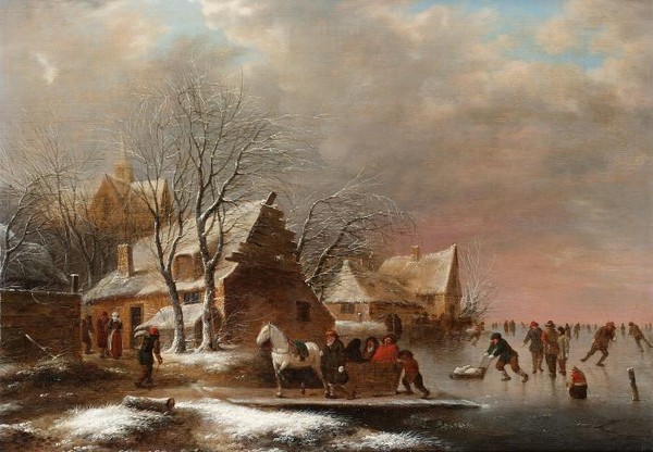 A winter landscape with figures skating on a frozen river a view to a villag- Molen 39 lower centre