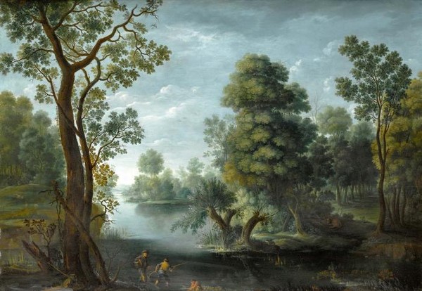 A wooded river landscape with boys fishing in the foreground