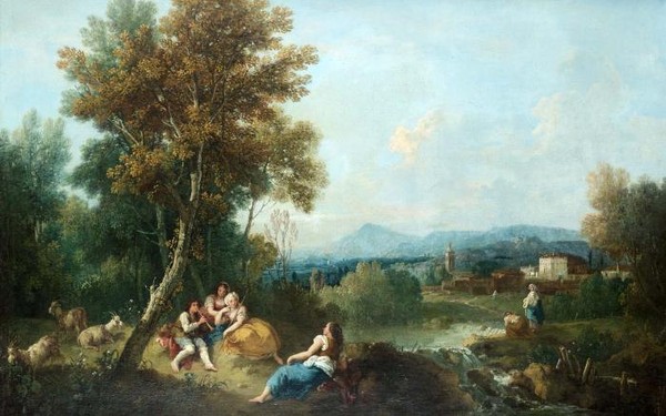 An Arcadian landscape with a goatherd serenading shepherdesses b- and mountains beyond