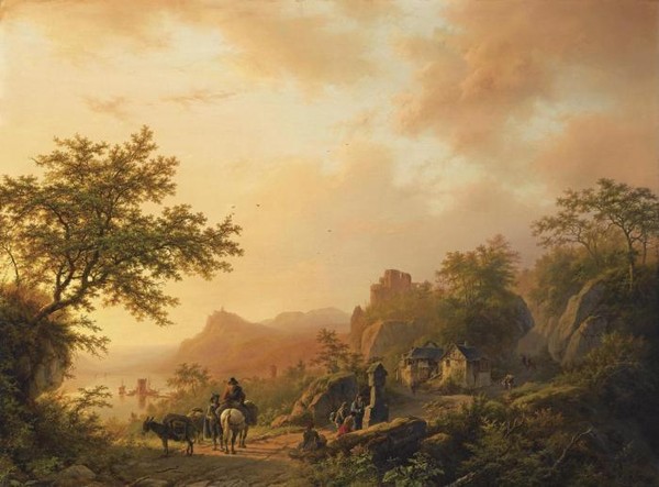 AN EXTENSIVE SUMMER LANDSCAPE WITH TRAVELLERS ON A PATH