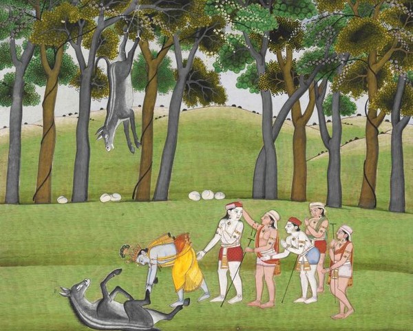 AN ILLUSTRATION FROM THE BHAGAVATA PURANA KRISHNA AND BALARAMA VANQUISH DHENUKASURA