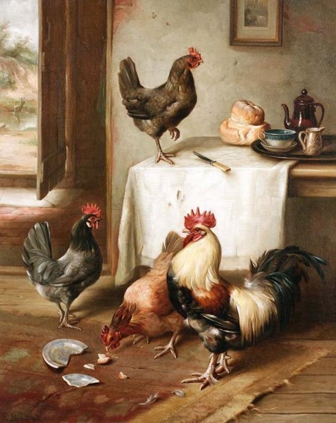 Chickens in a kitchen