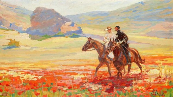 Crimean landscape with riding couple