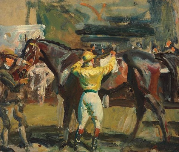 Dedham -A Jockey in Yellow Unsaddling a Dark Bay Horse