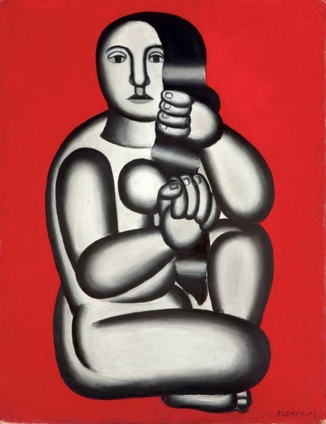 Femme sur fond rouge femme assise
