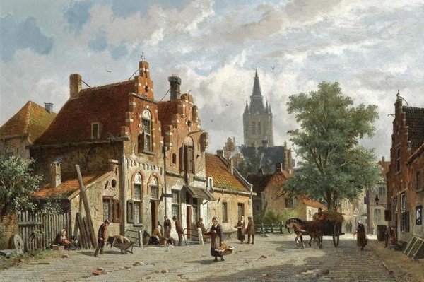 FIGURES IN THE SUNLIT STREETS OF A DUTCH TOWN