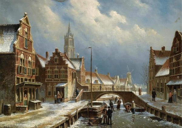 FIGURES ON A FROZEN CANAL IN A DUTCH TOWN