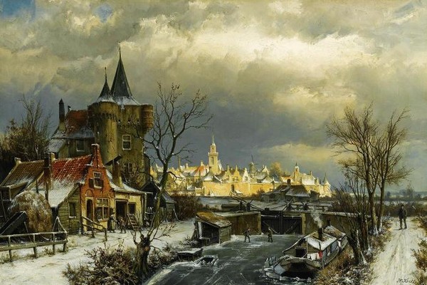 FIGURES ON A FROZEN CANAL NAARDEN IN THE BACKGROUND