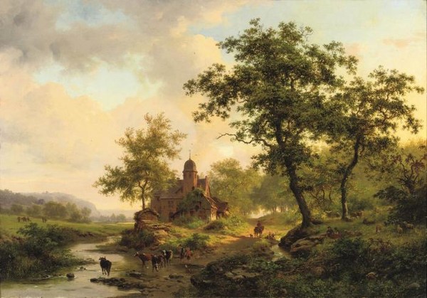 Figures on a sunlit path near a mansion 2