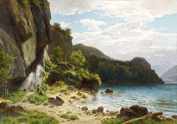 GOATHERD WITH FLOCK AT THE LAKESIDE