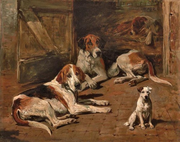 Hounds and a Terrier in a Stable