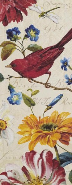 Красная птица с желтым цветком