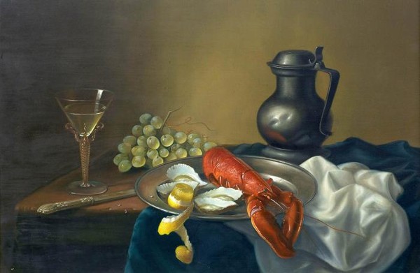 Lobster oysters and a lemon on a pewter plate with other objects on a table