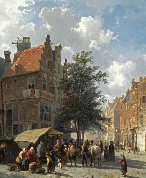 MARKET SCENE IN THE SUNLIT STREETS OF A DUTCH TOWN