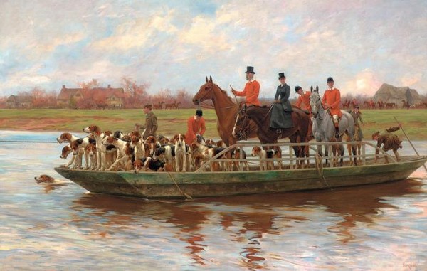 Mr Edward Lycett Green and the York and Ainsty Hounds on the Ferry at Newby