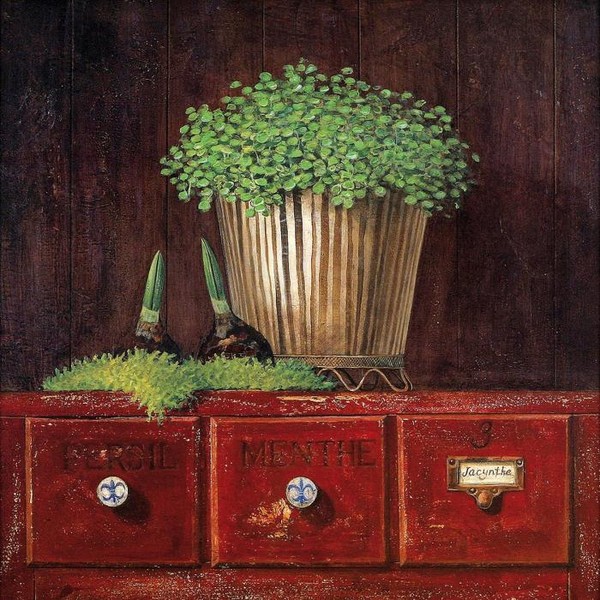 Натюрморт красный камод с горшком пророщенной травкой