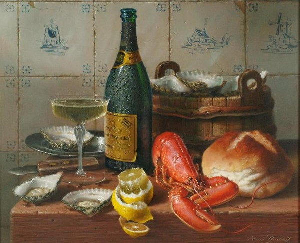 Oysters champagne and a lobster with Delft