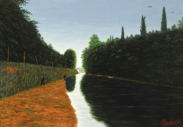 PAYSAGE DEUX HOMMES MARCHANT LE LONG D UNE RIVIERE