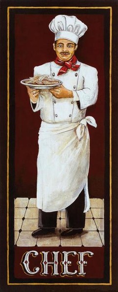 Повар с тарелкой спагетти