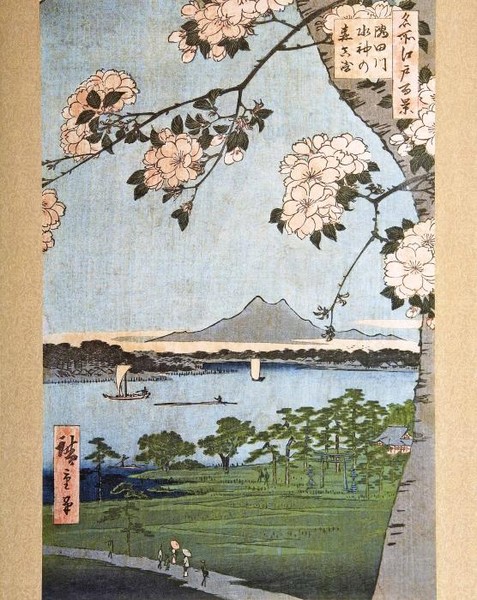 Синтоистский храм Суйдзин в районе Массаки на берегу реки Сумидагава.1856.