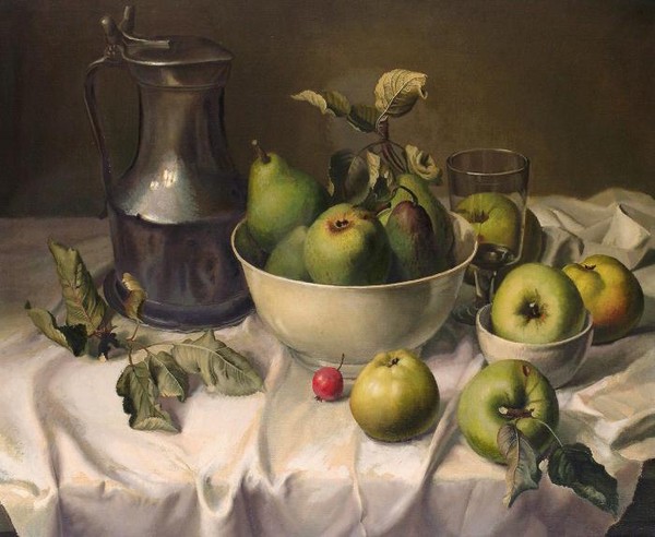 Still life of pears in a bowl apples on table with pewter pot