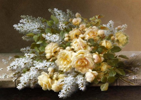 STILL LIFE WITH ROSES AND WHITE LILACS ON A TABLE