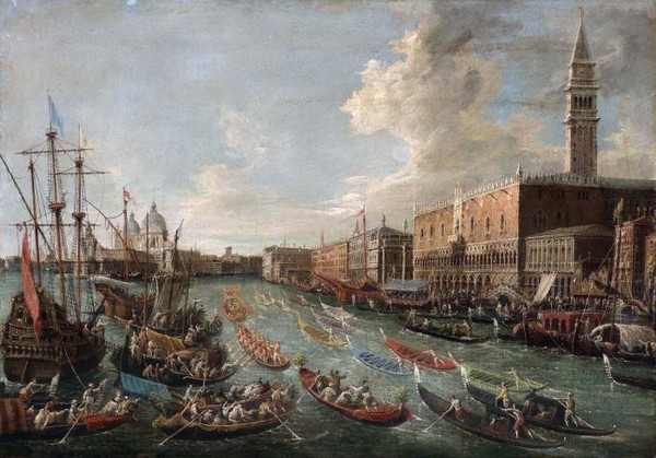 THE DUCAL PALACE SEEN FROM THE BACINO VENICE WITH A PROCESSION OF GONDOL