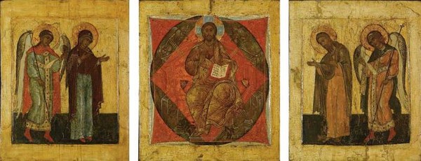 ТРИПИХ ANELS DEPICTING THE DEISIS NORTHERN SCHOOL POSSIBLY VOLOGDA