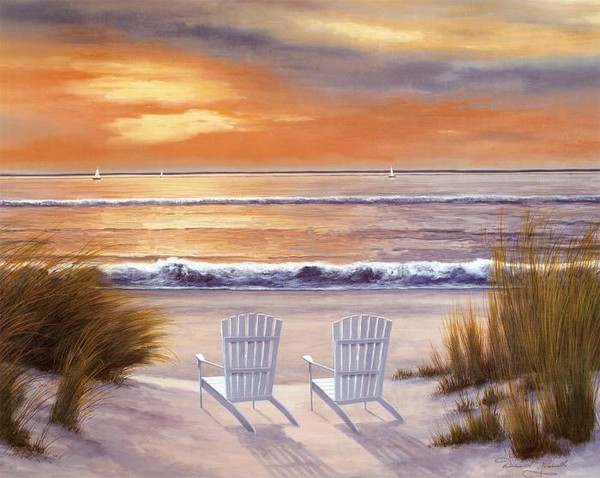 Закат на море, белый песок, пляж, шезлонг