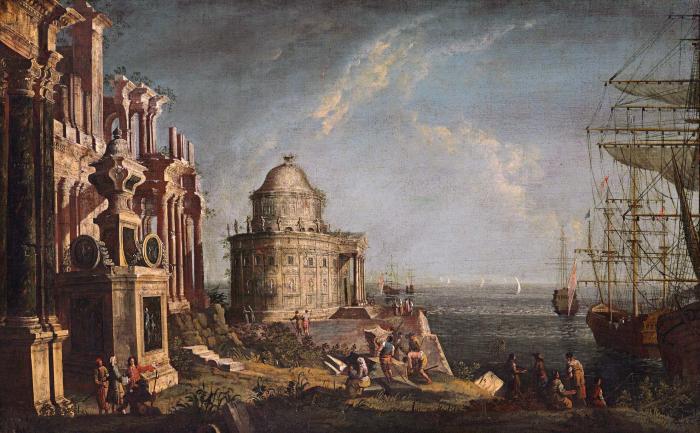 A capriccio with a temple and elegant figures by a harbor and A capriccio with the Mausoleum of Hadrian