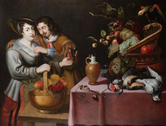 A gentleman courting a maid holding a copper basket of grapes apples and a pear and a