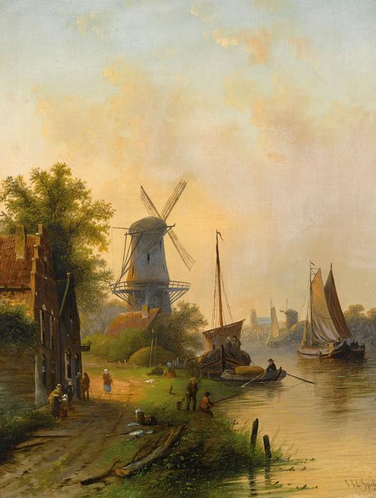 A RIVER LANDSCAPE WITH A WINDMILL SKATERS ON A FROZEN RIVER A PAIR