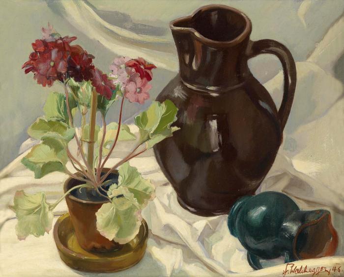 A still life with primroses and jugs