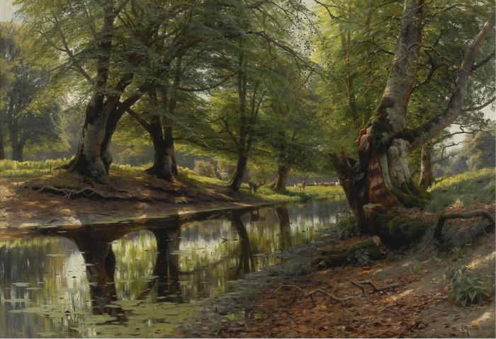 A STREAM THROUGH THE GLEN, DEER IN THE DISTANCE