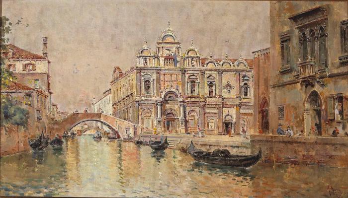 A Venetian canal scene with gondolas in the foreground