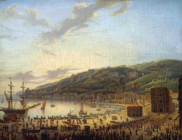 A VIEW OF THE BAY OF NAPLES WITH THE MOUNT VESUVIUS IN THE BACKGROUND