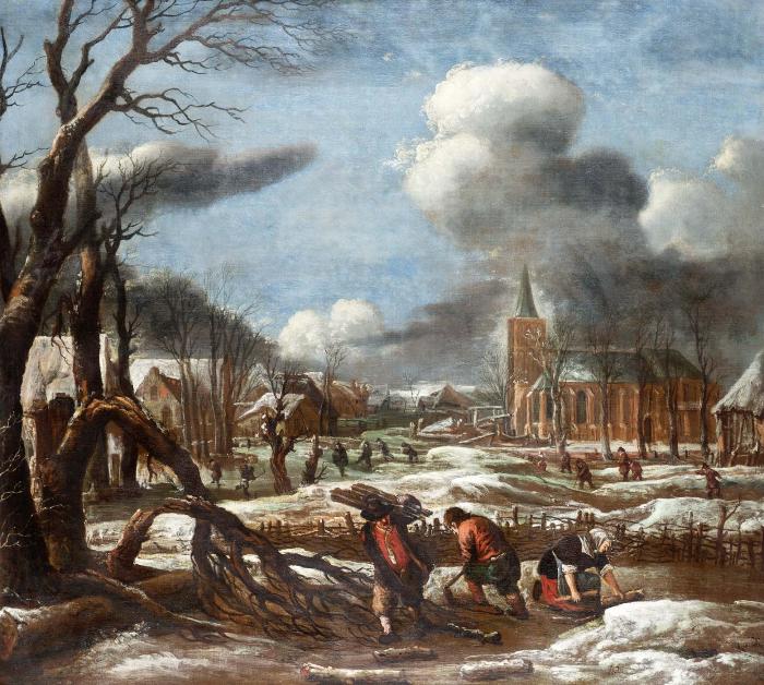 A winter landscape with figures in the foreground collecting wood skate