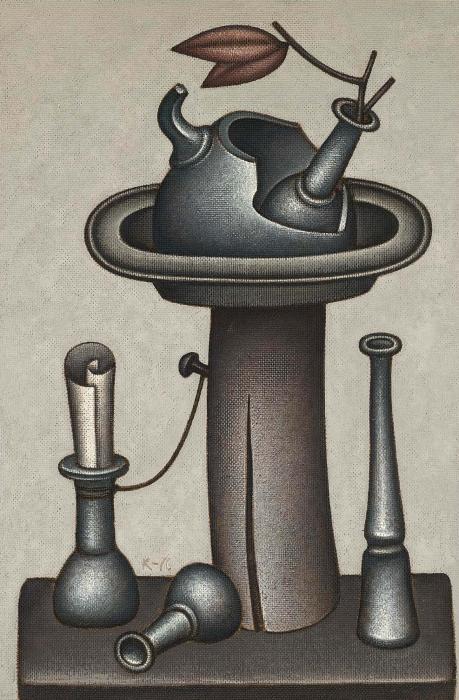 AMPHORAS ON A PLATE BY A PILLAR