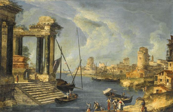 AN ARCHITECTURAL CAPRICCIO OF THE VENETIAN LAGOON WITH WASHERWO