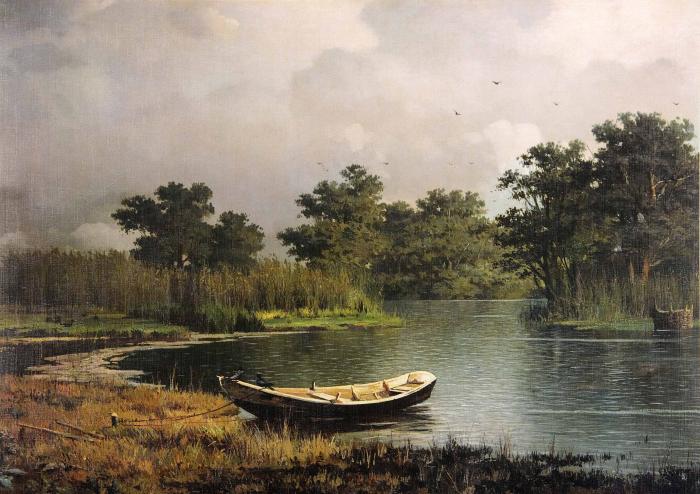 Берег реки. Лодка. 1881.