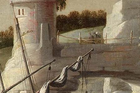 Фрагмент A coastal inlet with moored boats a Turk on the shore w-wer and archway beyond