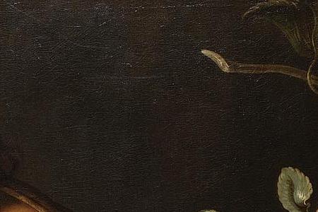 Фрагмент A gentleman courting a maid holding a copper basket of grapes apples and a pear and a