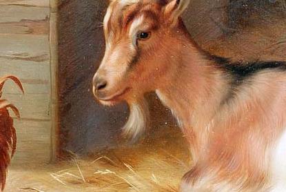 Фрагмент A goat and chickens inside a barn