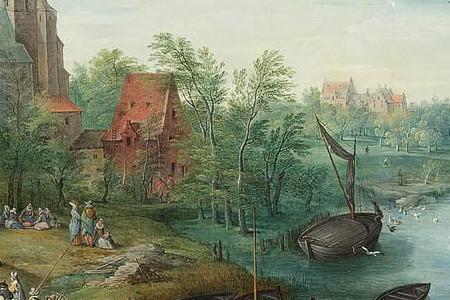 Фрагмент A village landscape with a portrait of Jan Brueghel the Elder and his-ther figures by a riveroil on panel