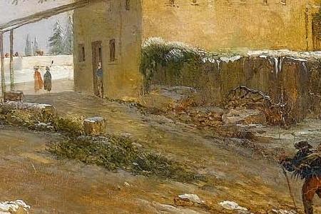 Фрагмент A winter landscape with figures carrying firewood on a village pat-ore Bolognese fecit